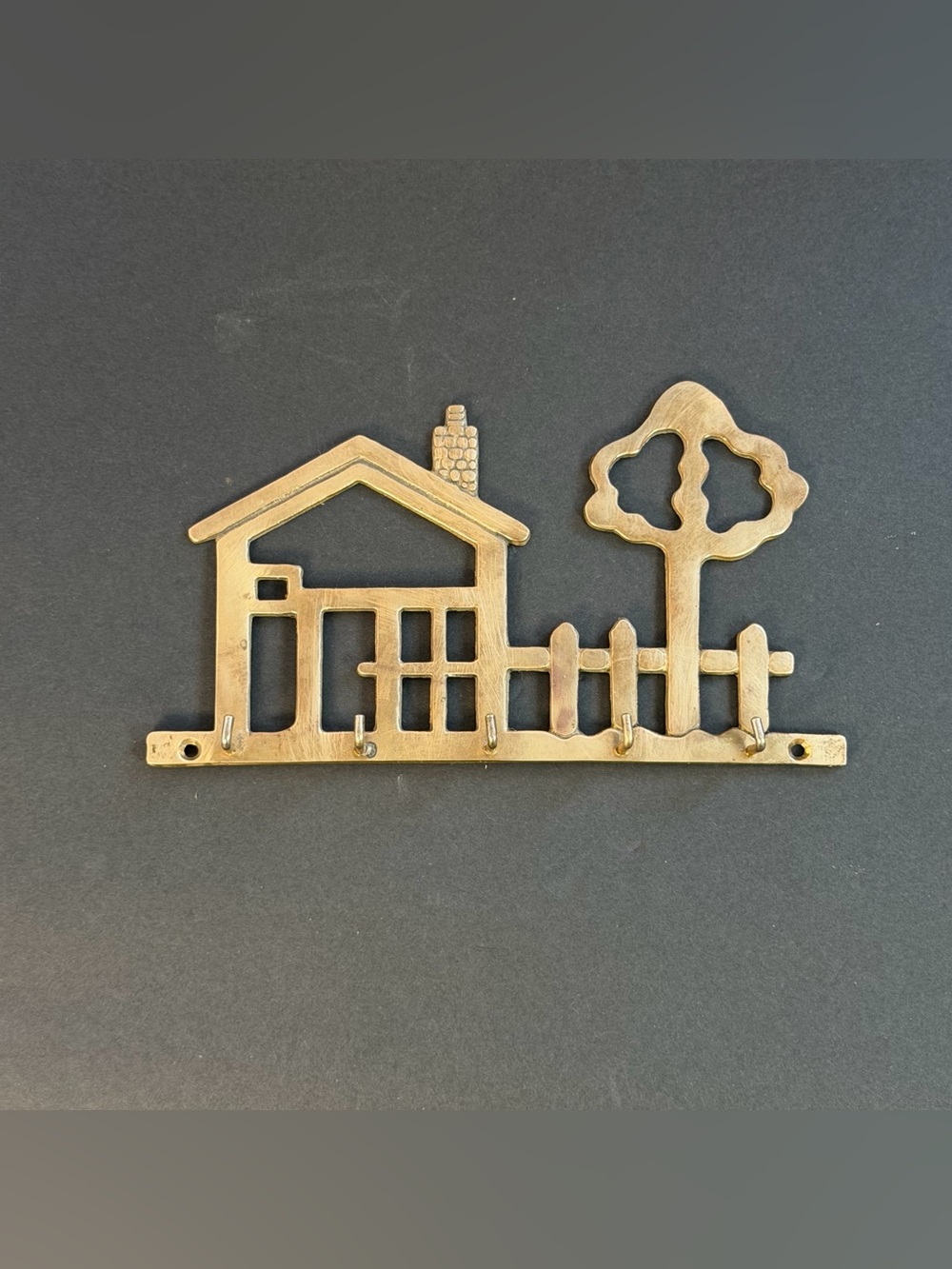 Brass Key Holder House Tree Picket Fence Theme  Holds 5 Keys Vintage Wall Mount